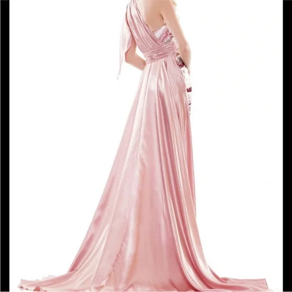 NEW COLORS SZ 4 BLACK SATIN SILVER GOLD SEQUIN ONE SHOULDER DRESS WITH TRAIN - Picture 15 of 15